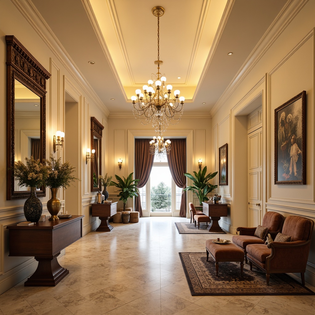 Prompt: Elegant hallway, luxurious chandelier, marble flooring, cream-colored walls, ornate mirrors, velvet upholstered furniture, carved wooden accents, soft golden lighting, classic European-inspired design, sophisticated atmosphere, symmetrical composition, warm beige tones, plush area rugs, decorative console tables, stylish vases, fresh flower arrangements, panoramic view, realistic textures.