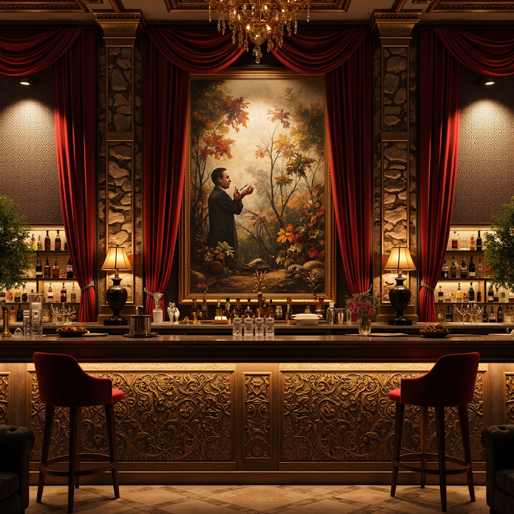 Prompt: Richly ornamented bar, lavish velvet drapes, heavily textured stone walls, distressed wood accents, metallic mesh panels, ornate gilded frames, luxurious leather upholstery, intricate mosaic patterns, dimly lit ambiance, warm golden lighting, shallow depth of field, 1/1 composition, dramatic shadows, highly detailed textures, ambient occlusion, expressive brushstrokes, abstract expressionist artwork.