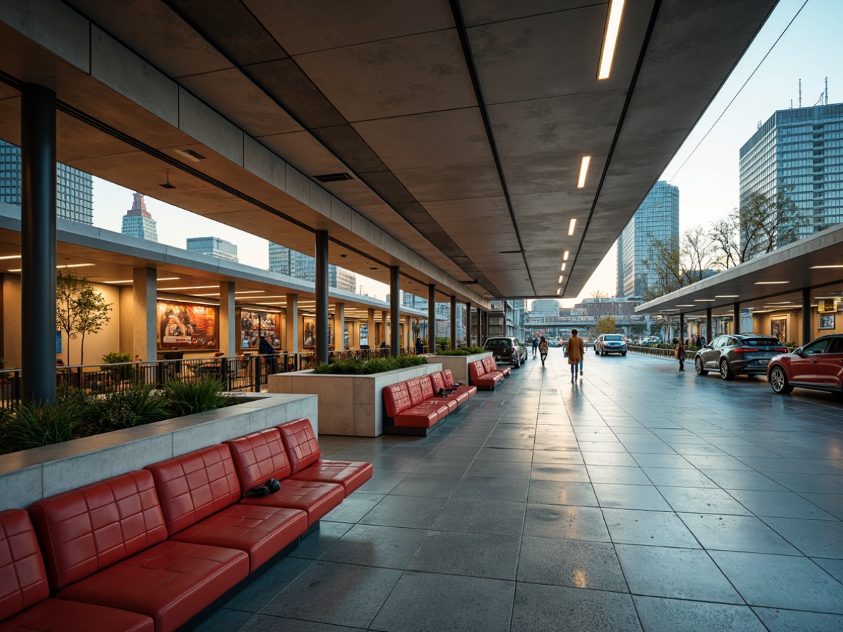 Prompt: Retro-futuristic bus station, sleek mid-century modern architecture, angular lines, cantilevered roofs, large windows, sliding glass doors, polished concrete floors, minimalist design, innovative seating arrangement, geometric patterned benches, curved lines, bold color schemes, ambient lighting, shallow depth of field, 3/4 composition, panoramic view, realistic textures, soft warm glow, urban landscape, busy city streets, modern transportation systems, electric buses, green roofs, eco-friendly materials.