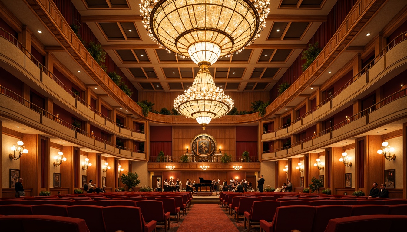 Prompt: Elegant concert hall, ornate chandeliers, rich wood tones, plush red velvet seats, intricate moldings, acoustic panels, sound-absorbing materials, diffusion screens, adjustable lighting systems, grand pianos, orchestral performances, warm golden lighting, shallow depth of field, 1/2 composition, realistic textures, ambient occlusion, sophisticated ambiance, cultural heritage preservation.