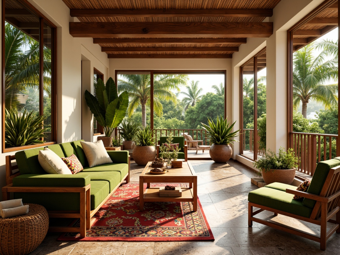 Prompt: Vibrant tropical living room, rattan furniture, plush green velvet sofas, natural wood accents, woven bamboo chairs, exotic potted plants, colorful Moroccan tiles, intricately patterned rugs, warm golden lighting, shallow depth of field, 1/1 composition, symmetrical layout, airy open spaces, large windows, sliding glass doors, lush green outdoor views, sunny day, soft warm atmosphere, realistic textures, ambient occlusion.