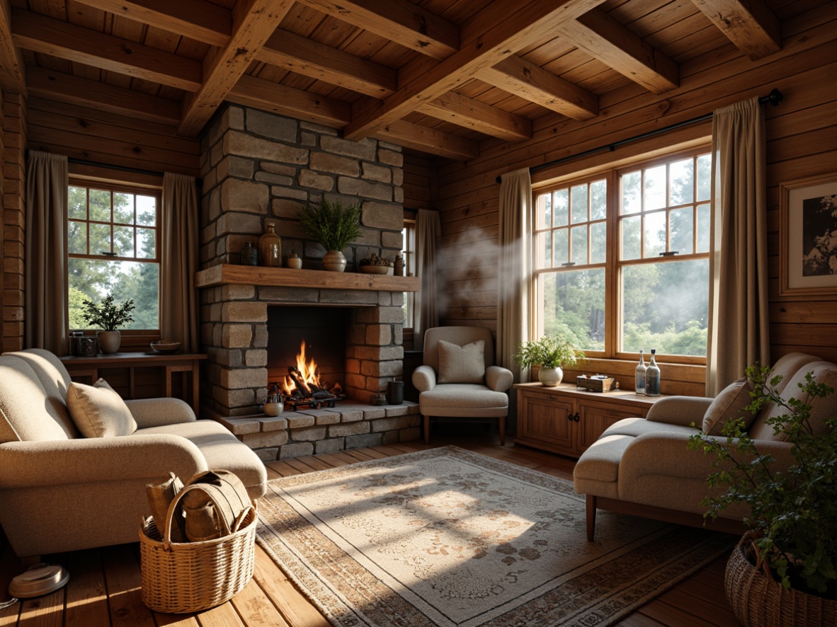 Prompt: Rustic cabin, wooden beams, natural wood tones, earthy color palette, stone fireplace, cozy atmosphere, warm lighting, comfortable furnishings, plush textiles, traditional decor, vintage accessories, wooden furniture, woven baskets, natural fabrics, earthy scents, forest surroundings, misty morning, soft sunlight, shallow depth of field, 1/1 composition, realistic textures, ambient occlusion.