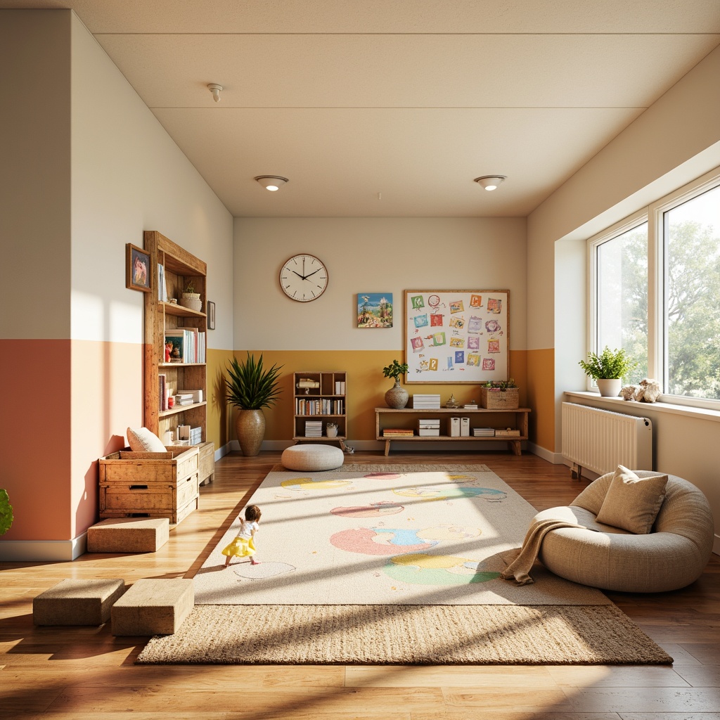 Prompt: Whimsical kindergarten, warm beige walls, soft cream accents, pastel color blocks, vibrant rainbow hues, wooden toy shelves, natural fiber rugs, playful polka dot patterns, classic alphabet posters, distressed wood furniture, cozy reading nooks, gentle morning light, creamy whites, pale blues, sunny yellows, soft pinks, 1/2 composition, intimate close-ups, warm shallow depth of field, inviting textures, subtle ambient occlusion.