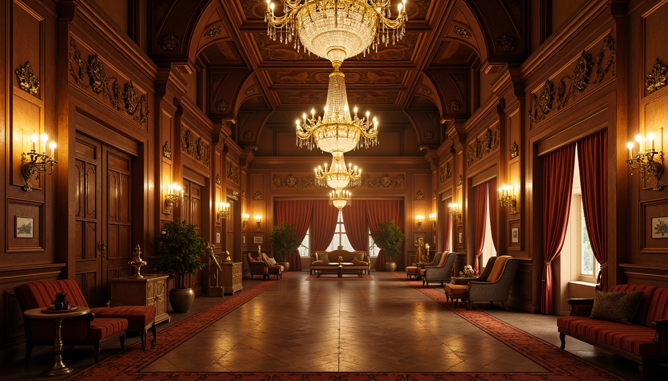 Prompt: Grand Renaissance-style interior, ornate chandeliers, crystal drops, lavish candelabras, warm golden lighting, rich wood paneling, intricate carvings, velvet drapes, majestic archways, opulent furnishings, regal color palette, soft warm glow, dramatic shadows, ambient occlusion, 1/1 composition, symmetrical framing, realistic textures, subtle animations.