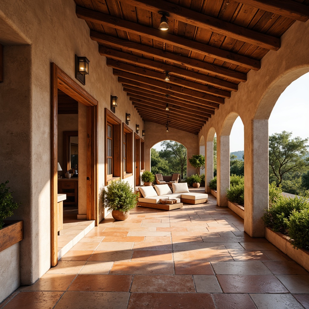 Prompt: Warm Mediterranean villa, rustic terracotta tiles, earthy color palette, sun-kissed floors, distressed textures, natural stone walls, arched windows, wooden beam ceilings, cozy ambiance, soft warm lighting, shallow depth of field, 1/1 composition, realistic materials, ambient occlusion.