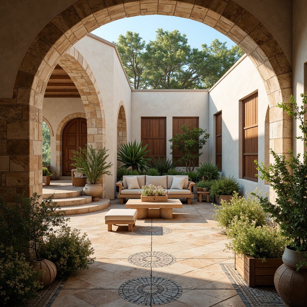 Prompt: Warm Mediterranean villa, rustic stone walls, curved archways, turquoise accents, creamy whites, soft blues, weathered wood tones, lush greenery, blooming flowers, ornate tile work, intricate mosaics, warm golden lighting, shallow depth of field, 1/2 composition, realistic textures, ambient occlusion.