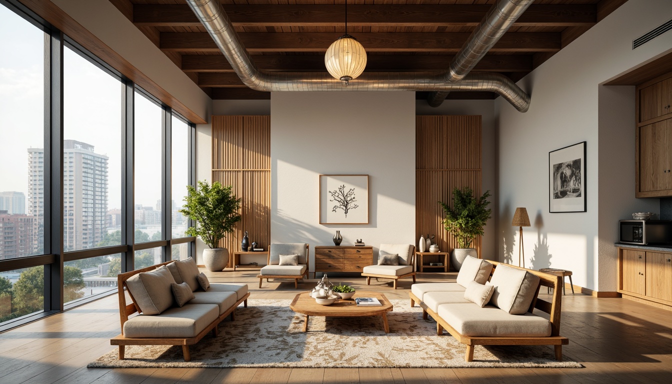 Prompt: Minimalist loft interior, high ceilings, exposed ductwork, industrial-chic decor, reclaimed wood accents, natural textiles, Asian-inspired motifs, paper lanterns, bamboo furniture, low-seating sofas, floor-to-ceiling windows, urban city views, soft warm lighting, shallow depth of field, 1/2 composition, realistic textures, ambient occlusion, modern minimalist color palette, earthy tones, subtle patterned rugs.