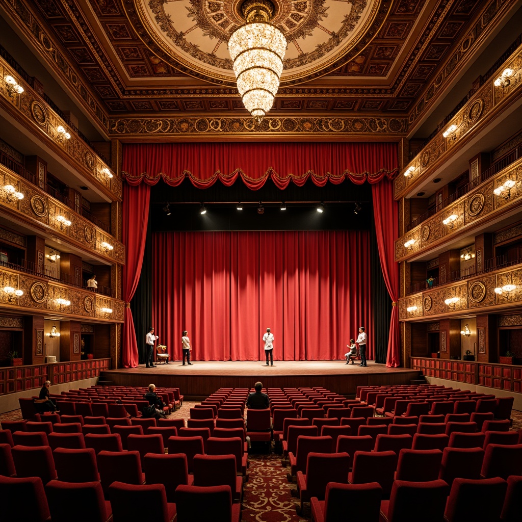 Prompt: Traditional performing arts center, ornate wooden stage, rich red curtains, golden accents, intricate carvings, cultural patterns, vibrant colors, warm lighting, intimate setting, raised seating areas, plush velvet seats, decorative balconies, grand chandeliers, dramatic spotlights, soft shadows, 1/2 composition, shallow depth of field, realistic textures, ambient occlusion.