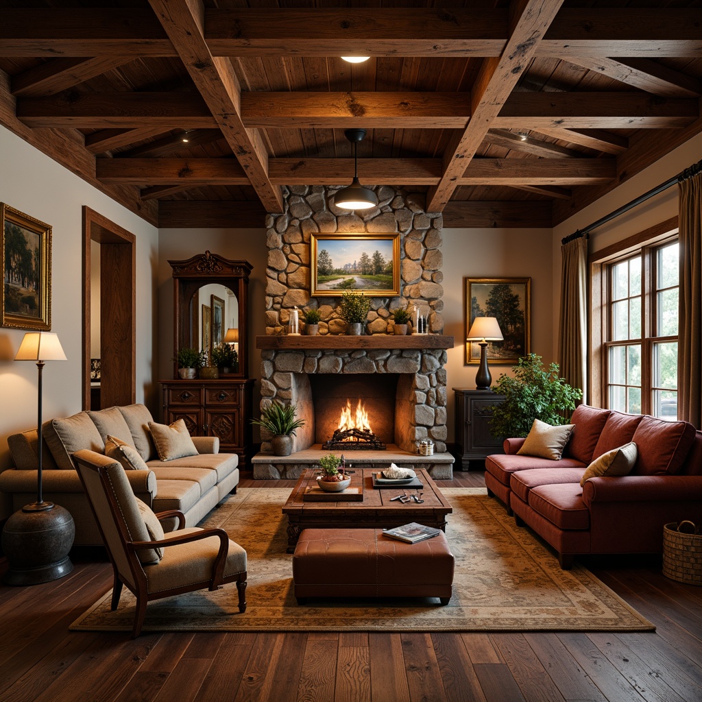 Prompt: Rustic game room, wooden accents, stone fireplace, plush sofas, velvet armchairs, distressed leather ottomans, antique wooden tables, carved wooden cabinets, ornate mirrors, soft warm lighting, rich textiles, vintage accessories, classic board games, natural wood flooring, earthy color palette, cozy atmosphere, 1/1 composition, shallow depth of field, soft focus, realistic textures.