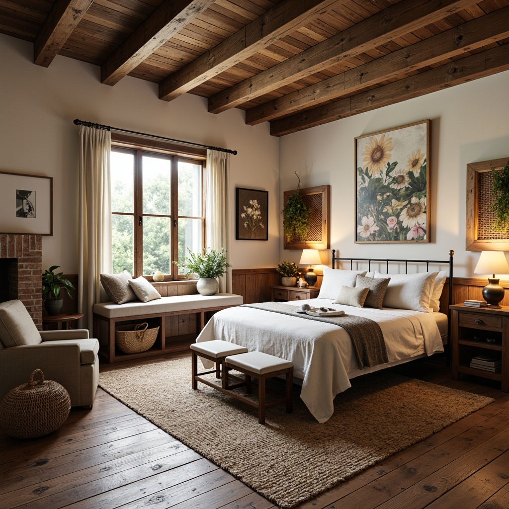 Prompt: Rustic farmhouse bedroom, wooden furniture, distressed finishes, vintage decor, plush area rug, natural fabrics, earthy color palette, reclaimed wood accents, metal frame bed, linen upholstery, soft warm lighting, cozy reading nook, window seat with pillows, country-style nightstands, woven baskets, potted plants, floral patterns, nature-inspired artwork, wooden ceiling beams, stone fireplace, comfortable oversized armchair.