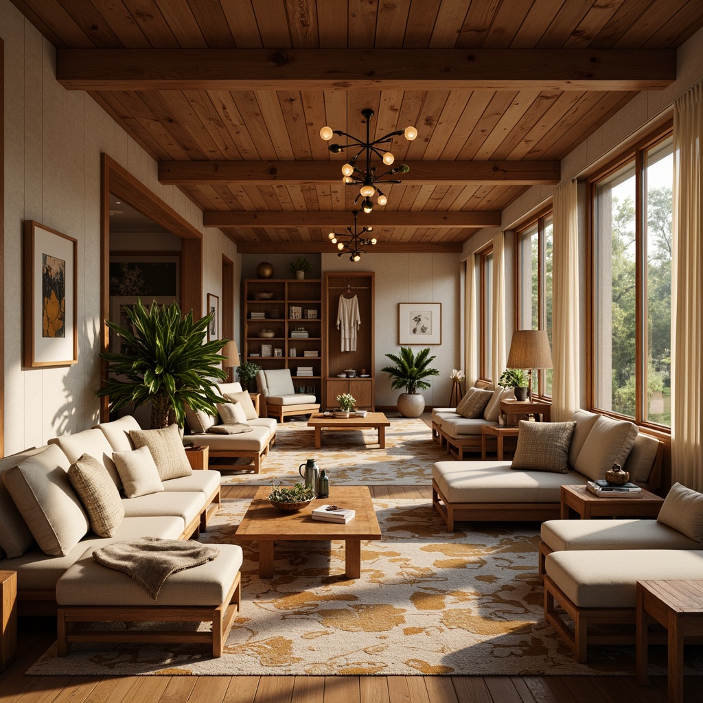 Prompt: Warm mid-century modern interior, sleek lines, organic shapes, rich wood tones, geometric patterns, vintage-inspired lighting fixtures, sputnik chandeliers, globe pendants, cylindrical shades, brass accents, creamy whites, earthy browns, soft warm lighting, cozy atmosphere, 3/4 composition, realistic textures, ambient occlusion.