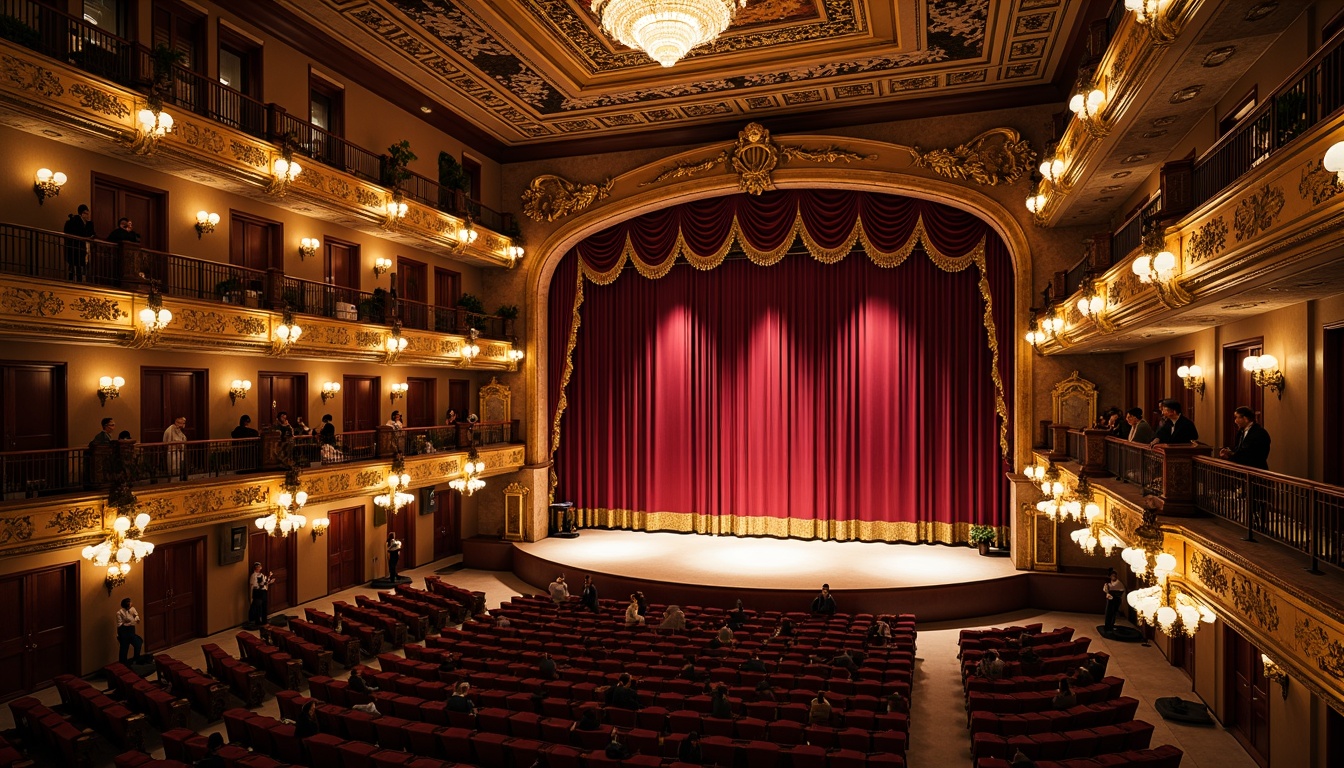 Prompt: Ornate traditional theater, intricately carved wooden accents, rich red velvet curtains, golden balconies, grand chandeliers, majestic proscenium arches, ornamental plasterwork, rustic stone walls, classic opera seats, elegant staircases, opulent box seats, lavish foyer, warm soft lighting, dramatic spotlights, 1/2 composition, intimate atmosphere, realistic textures, subtle ambient occlusion.Please let me know if you need any adjustments!