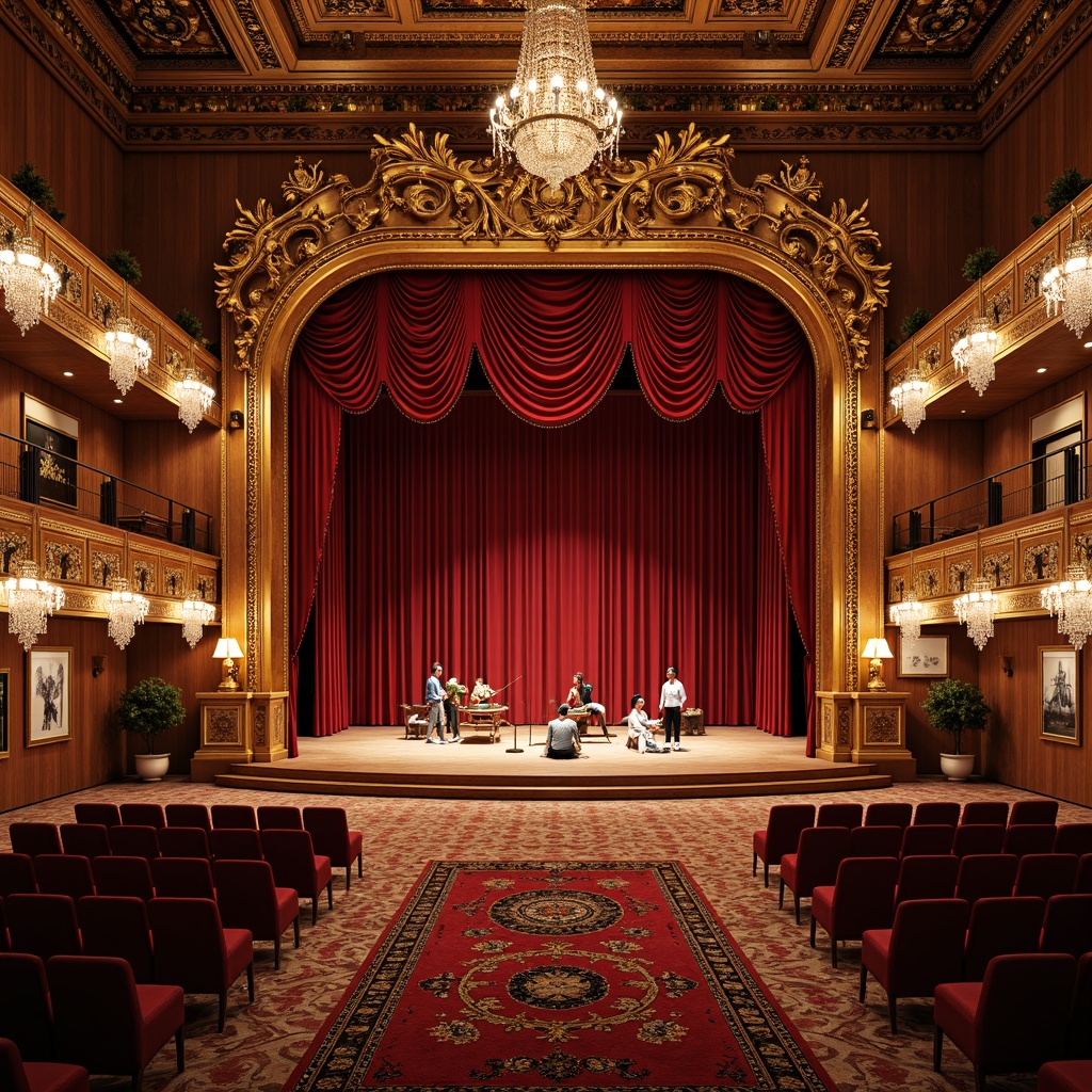 Prompt: \Traditional performing arts center, ornate wooden stage, intricately carved balconies, luxurious red velvet curtains, golden ornamental details, crystal chandeliers, plush seating areas, traditional instrument displays, vibrant cultural textiles, richly patterned rugs, warm soft lighting, shallow depth of field, 3/4 composition, panoramic view, realistic textures, ambient occlusion.\