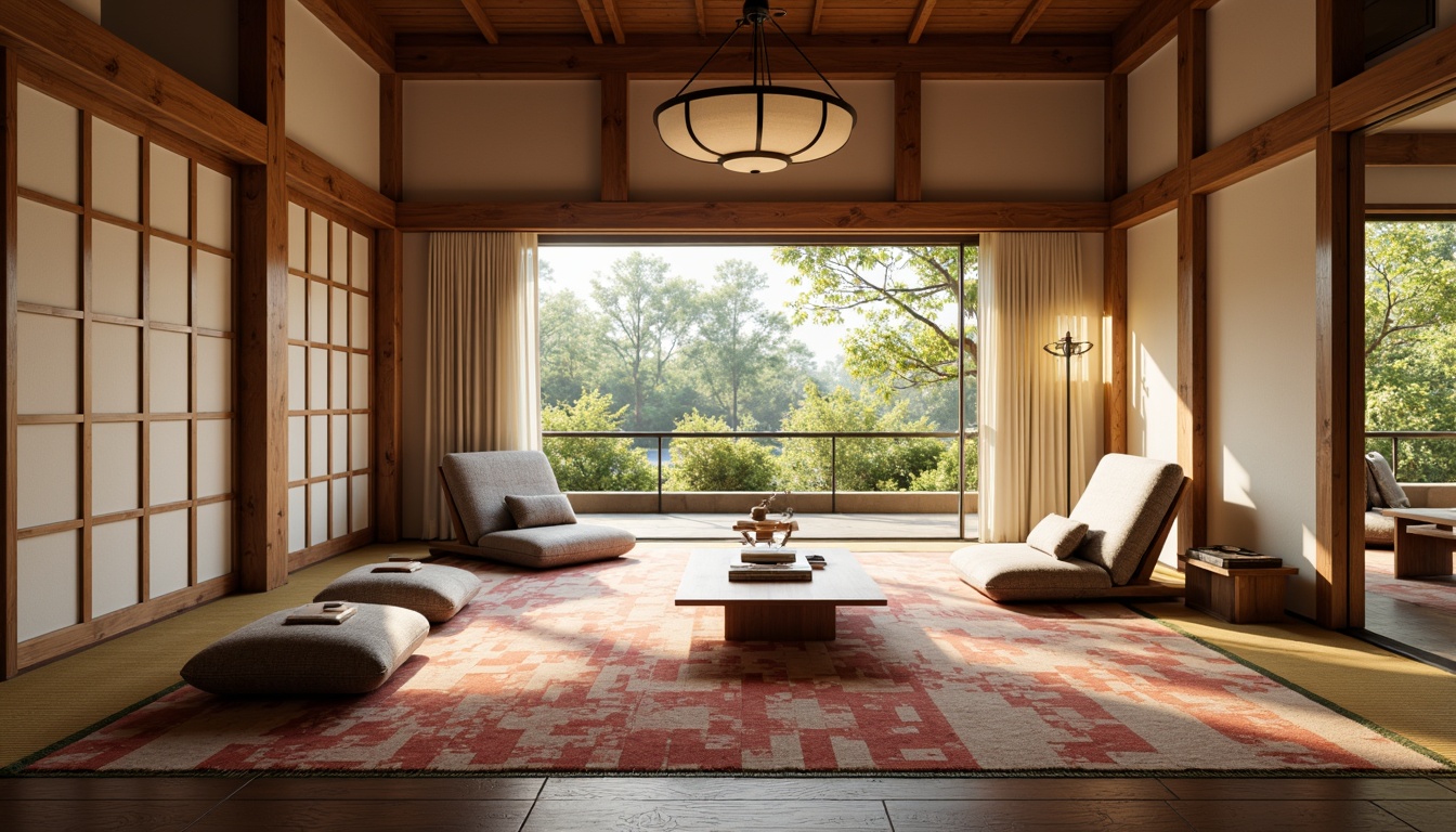 Prompt: Traditional Japanese tatami room, shoji screens, sliding doors, natural wood accents, minimalist decor, innovative seating arrangement, modern twist on classic furniture, vibrant throw pillows, geometric patterned rugs, soft warm lighting, shallow depth of field, 1/1 composition, realistic textures, ambient occlusion, cozy intimate atmosphere, subtle scent of incense, serene ambiance.