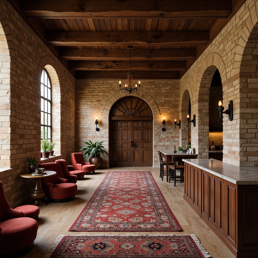 Prompt: Classic stone walls, rustic brick textures, warm earthy tones, ornate wooden paneling, distressed finishes, vintage decorative moldings, soft warm lighting, traditional architectural details, elegant archways, sophisticated columns, richly patterned rugs, luxurious velvet fabrics, opulent gold accents, refined marble countertops, natural wood flooring, plush furnishings, inviting atmosphere, shallow depth of field, 2/3 composition, warm color palette.