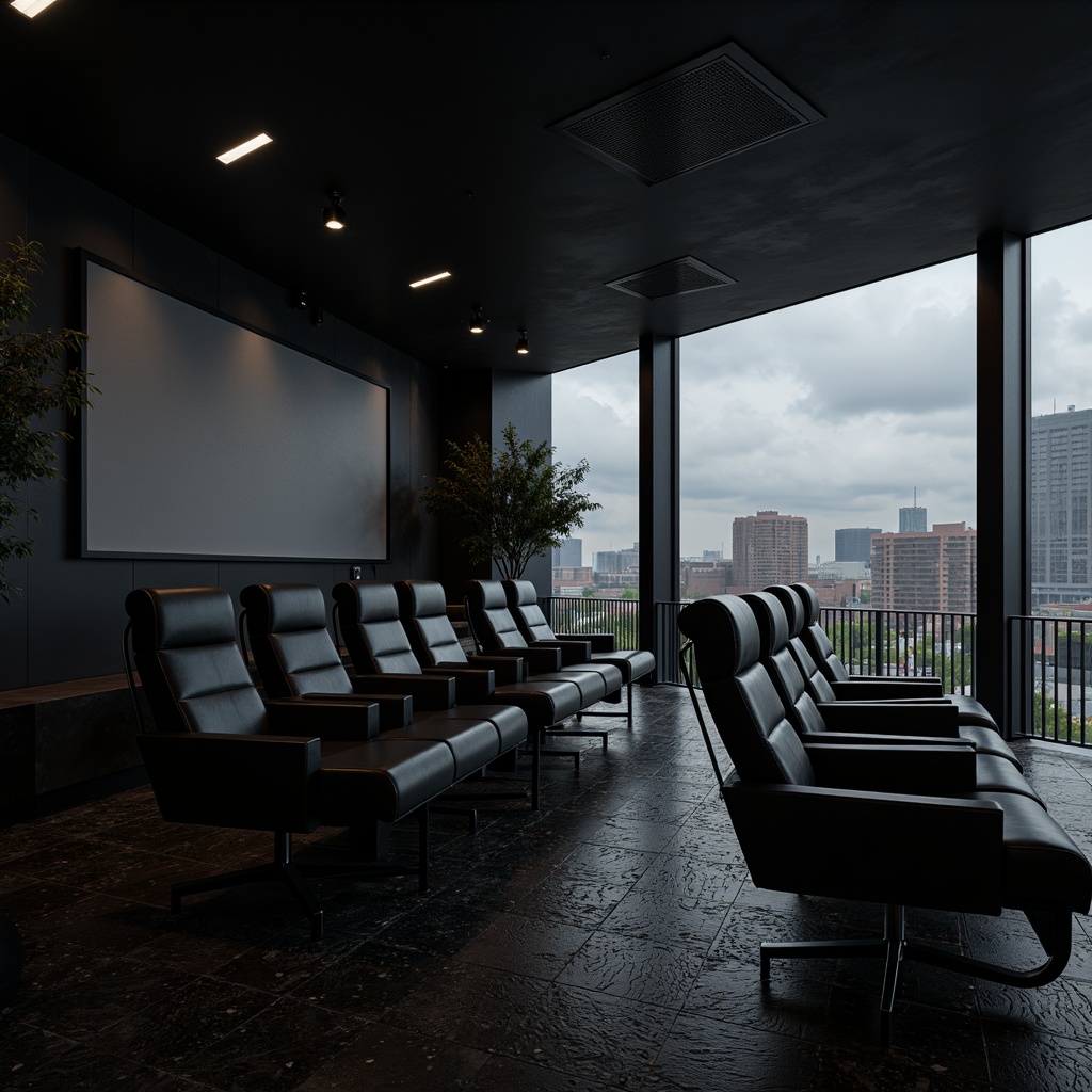 Prompt: Minimalist cinema interior, sleek black chairs, tubular steel frames, leather upholstery, geometric patterns, industrial flooring, functional lighting, minimalist decor, rectangular screens, avant-garde architecture, urban cityscape, cloudy day, dramatic shadows, high contrast lighting, 1/1 composition, symmetrical framing, cinematic camera angles, monochromatic color scheme, rich textures, atmospheric ambiance.