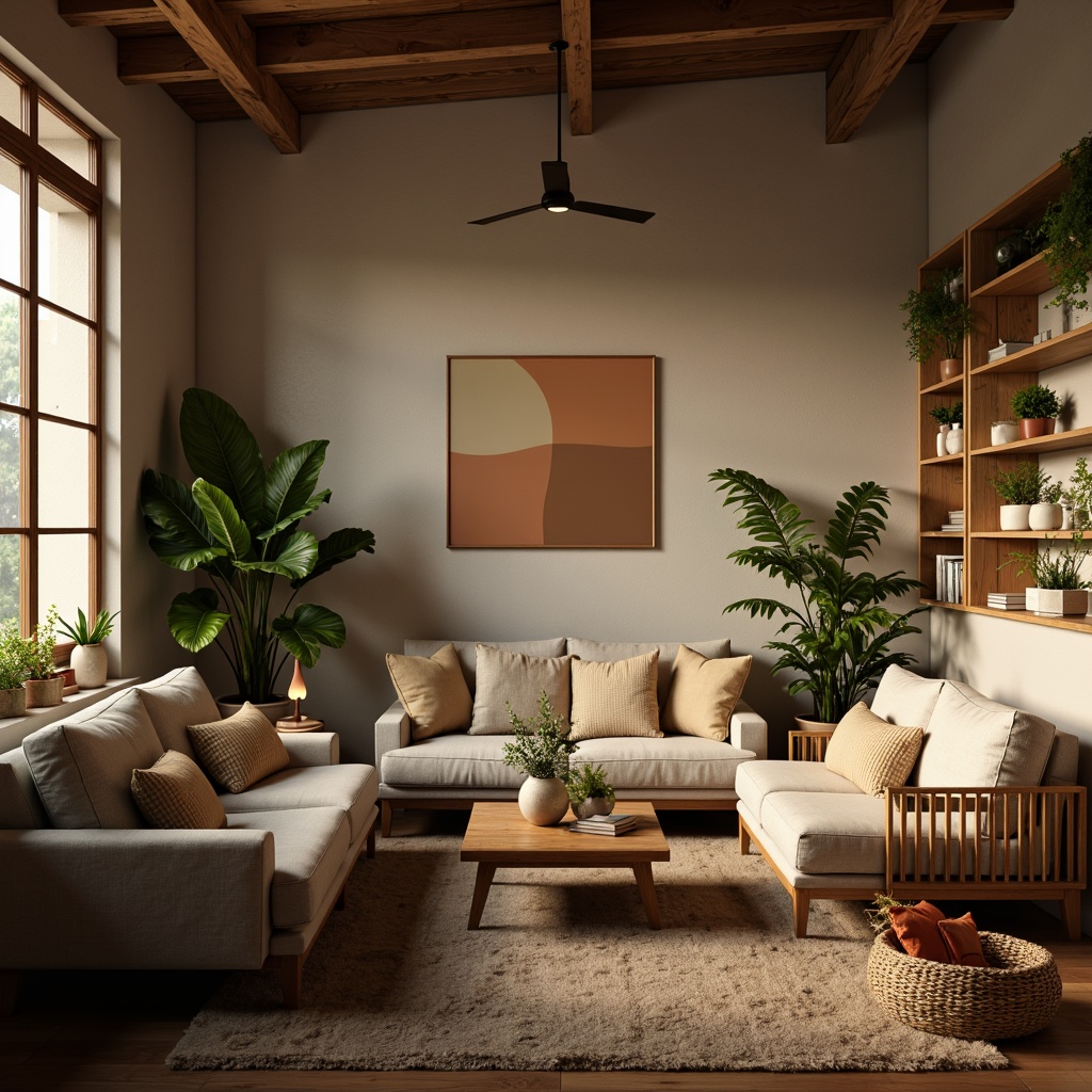 Prompt: Cozy living room, plush sofas, accent chairs, wooden coffee tables, potted plants, soft cushions, warm lighting, comfortable pillows, intimate seating arrangements, minimalist decor, neutral color palette, natural textures, woven baskets, rustic accents, relaxing ambiance, soft music, 1/1 composition, shallow depth of field, warm golden lighting.