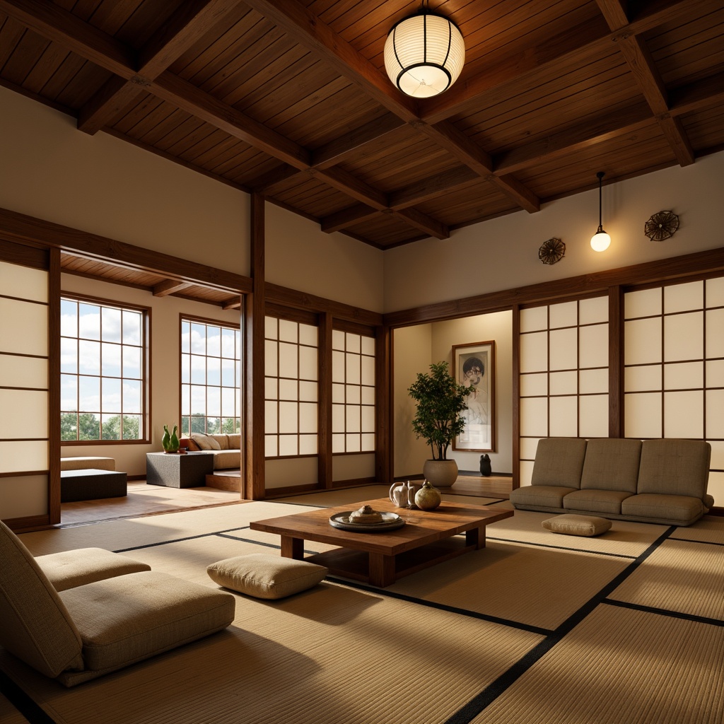 Prompt: Traditional Japanese tatami rooms, sliding shoji screens, natural wood accents, warm paper lanterns, minimal ornamentation, subtle color palette, floor-level seating, plush cushions, low wooden tables, intimate gathering spaces, soft diffused lighting, 1/2 composition, shallow depth of field, realistic textures, ambient occlusion.