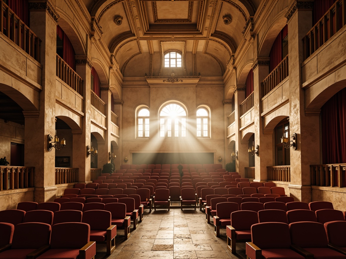 Prompt: Grand Renaissance amphitheater, ornate stone columns, arched windows, warm golden lighting, soft spotlighting, tiered seating, rich velvet curtains, dramatic chandeliers, rustic wooden accents, natural stone flooring, majestic high ceilings, warm beige stucco walls, subtle ambient illumination, 1/2 composition, cinematic lighting, realistic shadows, atmospheric haze.