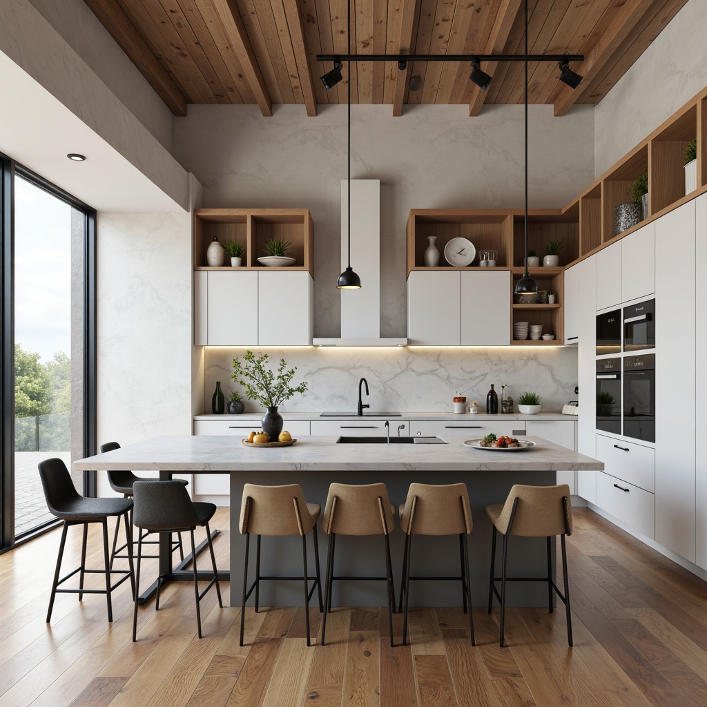 Prompt: Minimalist kitchen island, handle-less cabinets, geometric shapes, industrial metal frames, wooden accents, functional simplicity, monochromatic color scheme, clean lines, rectangular forms, minimal ornamentation, functional lighting, task-oriented layout, compact storage, marble countertops, stainless steel appliances, natural wood flooring, abundant natural light, high ceilings, 1/1 composition, soft box lighting, subtle shadows, realistic materials.