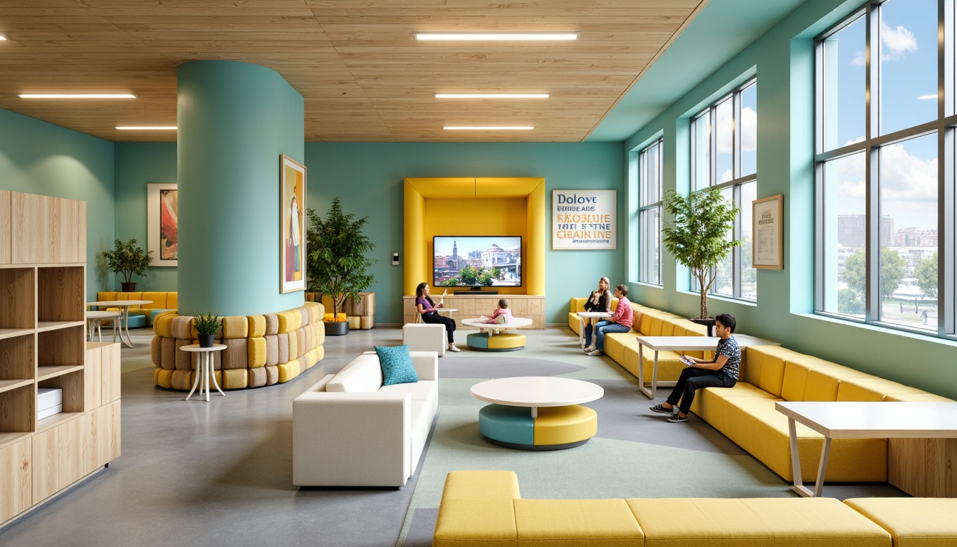 Prompt: Vibrant learning environment, harmonious color scheme, soft pastel hues, calming blue tones, energetic yellow accents, stimulating green walls, creamy white furniture, natural wood textures, geometric patterns, inspirational quotes, interactive displays, collaborative workspaces, flexible seating areas, warm overhead lighting, cozy reading nooks, minimalist decor, functional storage solutions, diverse cultural artwork, inclusive educational atmosphere.