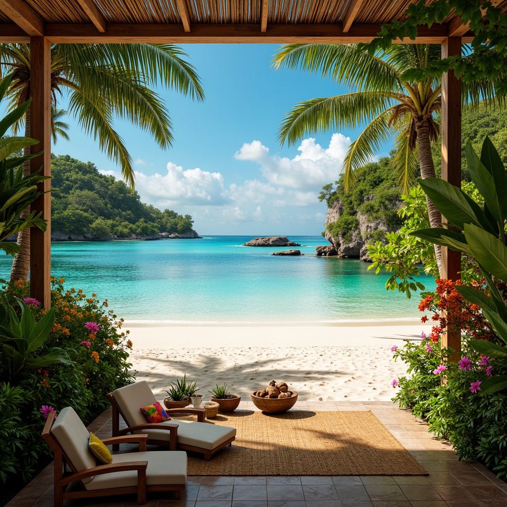 Prompt: Vibrant tropical leaves, exotic flowers, warm sandy beach, crystal-clear turquoise water, bright coral reefs, lush green jungle, colorful tiki torches, rustic wooden accents, natural woven textiles, rattan furniture, woven bamboo details, palm tree silhouettes, sunny cloudless sky, soft warm lighting, shallow depth of field, 1/1 composition, realistic textures, ambient occlusion.