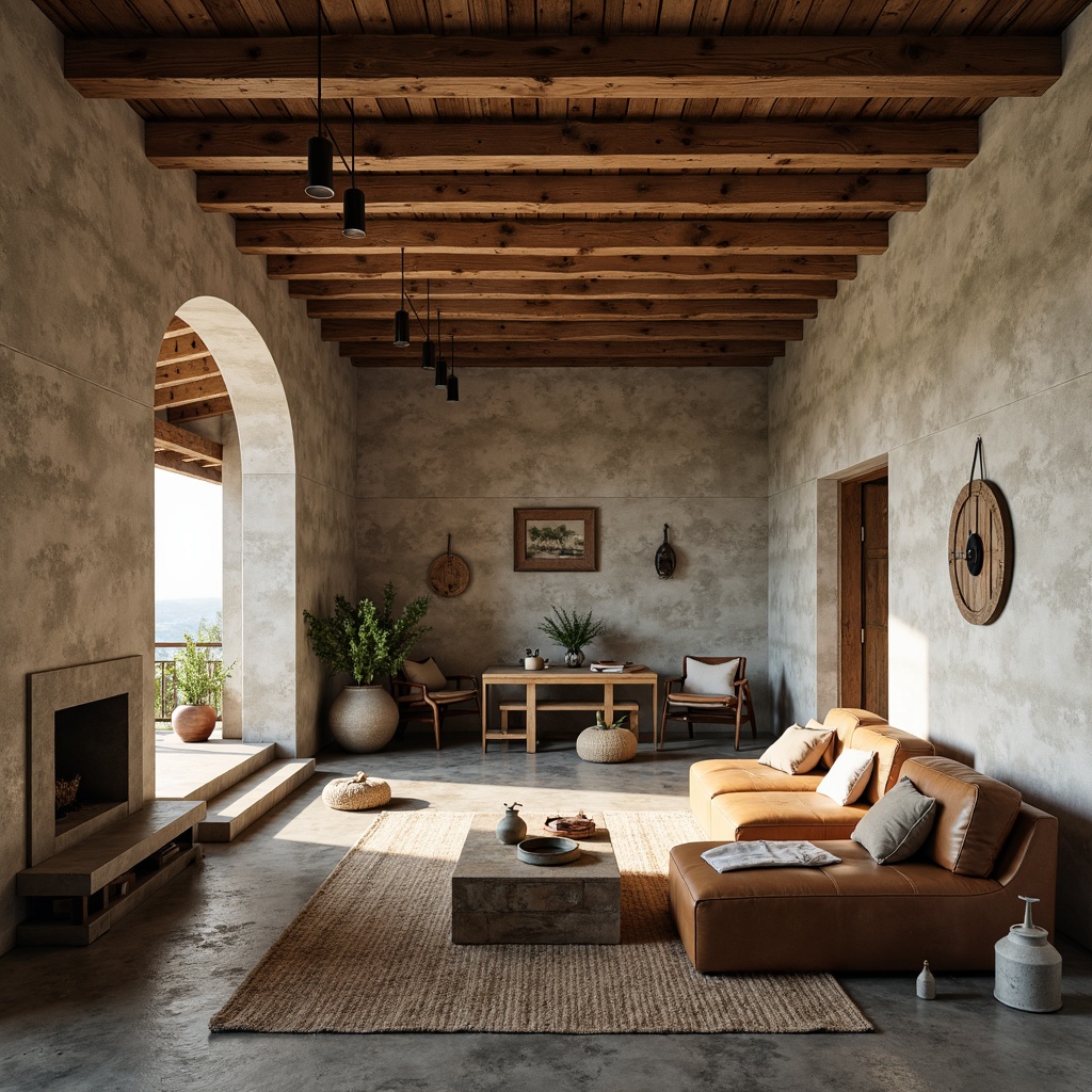 Prompt: Rustic farmhouse, exposed concrete walls, brutalist architecture, weathered wooden accents, industrial metal fixtures, distressed leather furniture, earthy color palette, natural stone flooring, reclaimed wood beams, minimalist decor, functional simplicity, ample natural light, soft warm glow, shallow depth of field, 1/1 composition, cinematic view, realistic textures, ambient occlusion.