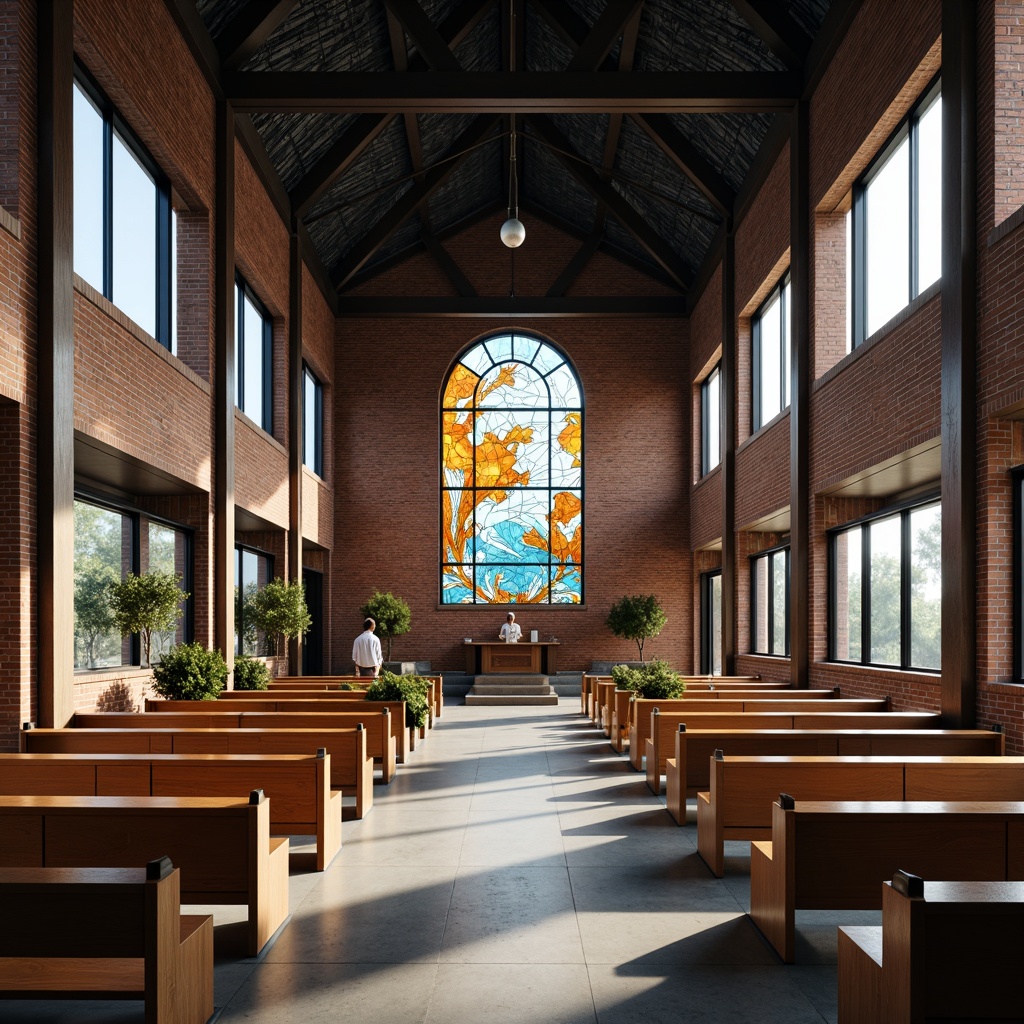 Prompt: Minimalist chapel, geometric forms, clean lines, industrial materials, exposed brick walls, steel beams, large windows, natural light pouring in, open floor plan, functional simplicity, bold color accents, abstract stained glass, spiritual ambiance, peaceful atmosphere, subtle texture variations, 1/1 composition, low-angle shot, dramatic lighting, volumetric space, sacred geometry, symbolic motifs, ornate furnishings, reverent silence.