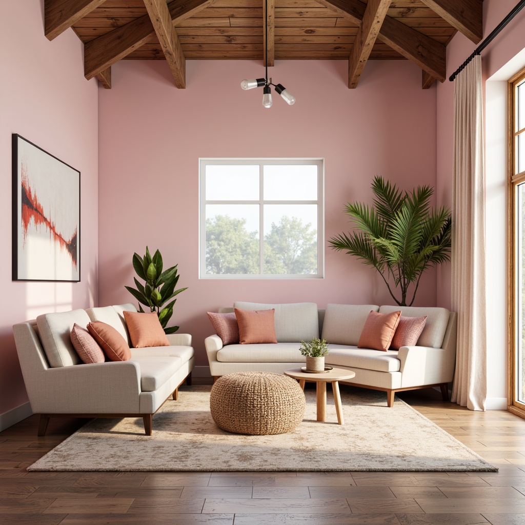 Prompt: Vibrant modern interior, pastel hues, soft pink accents, rich wood tones, creamy whites, bold black outlines, geometric patterns, minimalistic decor, natural textiles, warm ambient lighting, cozy atmosphere, 3/4 composition, shallow depth of field, realistic renderings.