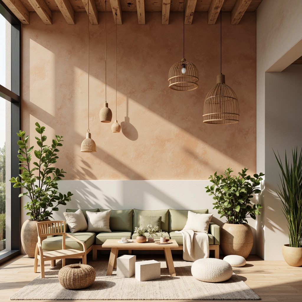 Prompt: Richly textured walls, warm beige tones, earthy terracotta hues, soft sage accents, creamy whites, natural wood furniture, woven rattan baskets, lush greenery, pendant lighting fixtures, modern minimalist decor, Scandinavian-inspired aesthetic, airy open spaces, abundant natural light, subtle gradient effects, 1/2 composition, harmonious color balance, realistic material textures.