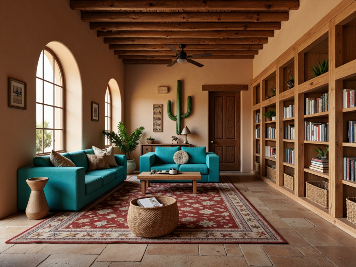 Prompt: Southwestern-style library, warm earthy tones, rustic wooden accents, comfortable plush seating, vibrant turquoise upholstery, geometric patterned rugs, natural stone flooring, wooden bookshelves, woven basket storage, desert-inspired artwork, cactus-shaped decorations, warm beige walls, rich leather-bound books, soft warm lighting, cozy reading nooks, 1/1 composition, realistic textures, ambient occlusion.