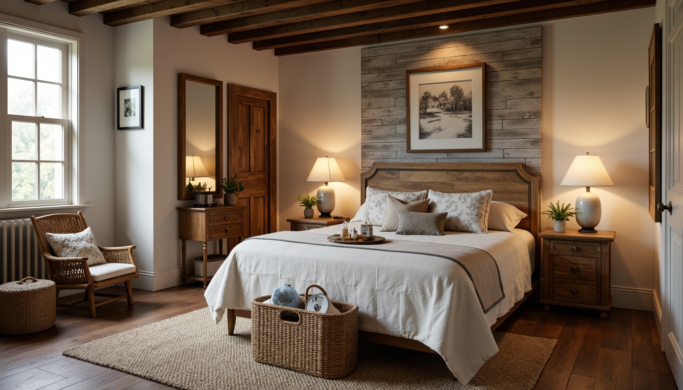 Prompt: Cozy farmhouse bedroom, vintage wooden furniture, soft plush area rug, natural linen bedding, distressed wood accent wall, rustic metal frames, warm candle lighting, earthy color palette, woven jute textiles, floral patterned fabrics, ruffled lace trim, plush velvet pillows, reclaimed wood headboard, shiplap ceiling, exposed beams, nature-inspired artwork, serene morning light, soft focus, shallow depth of field, 1/2 composition.