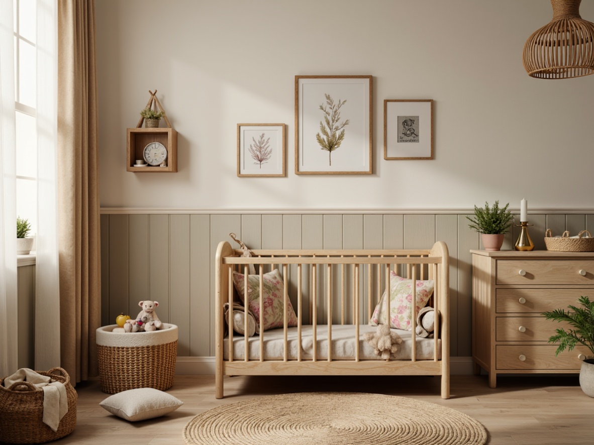 Prompt: Rustic wooden crib, vintage floral patterns, soft pastel colors, distressed finishes, natural woven textiles, cozy plush toys, antique furniture pieces, cream-colored walls, warm beige curtains, classic nursery rhyme illustrations, traditional baby block toys, woven basket storage, natural fiber rugs, creamy candlelight, shallow depth of field, 1/1 composition, intimate atmosphere, soft focus blur.