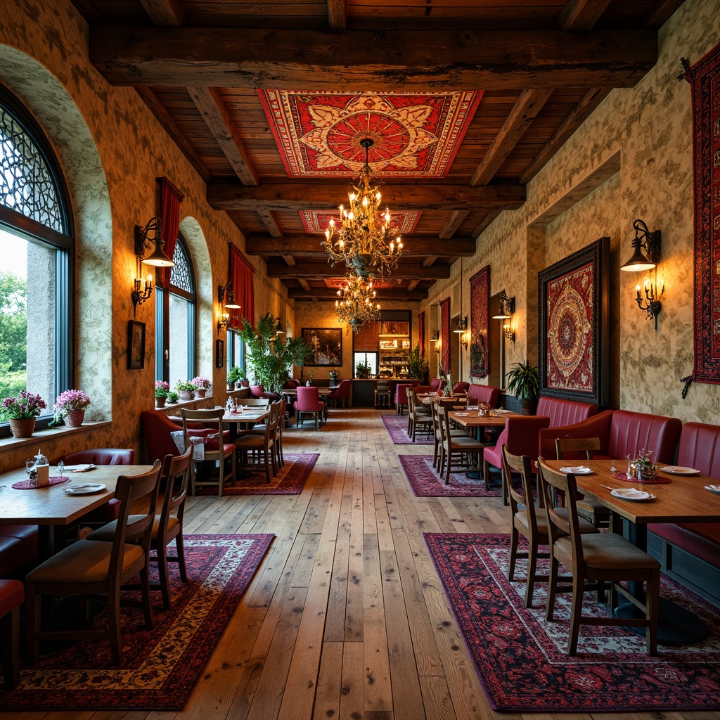 Prompt: Vibrant eclectic dining hall, reclaimed wood flooring, distressed wooden planks, rustic charm, vintage furniture, antique decorations, richly patterned rugs, colorful tapestries, ornate chandeliers, warm candlelight, soft warm ambiance, shallow depth of field, 1/1 composition, realistic textures, ambient occlusion.