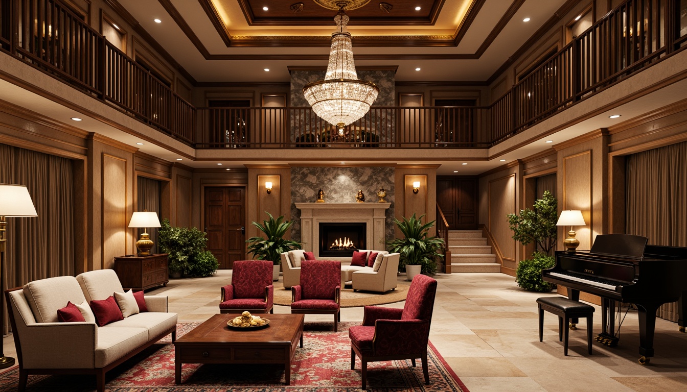 Prompt: Luxurious basement, neoclassical furniture, ornate wooden panels, rich velvet fabrics, golden accents, crystal chandeliers, grand pianos, marble fireplaces, intricate moldings, high ceilings, sweeping staircases, elegant archways, subtle lighting, warm earthy tones, sophisticated ambiance, refined textures, classical proportions, harmonious balance, inviting atmosphere.