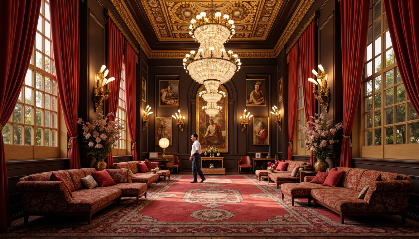 Prompt: Ornate chandeliers, crystal droplets, golden accents, luxurious fabrics, velvet drapes, rich wood tones, carved furniture, intricate patterns, gilded mirrors, lavish furnishings, whimsical wall art, vibrant color palette, soft warm glow, dramatic lighting effects, layered curtains, regal atmosphere, majestic archways, stately columns, opulent textures, 1/1 composition, high-contrast lighting, ornate metalwork, grandiose decorations.