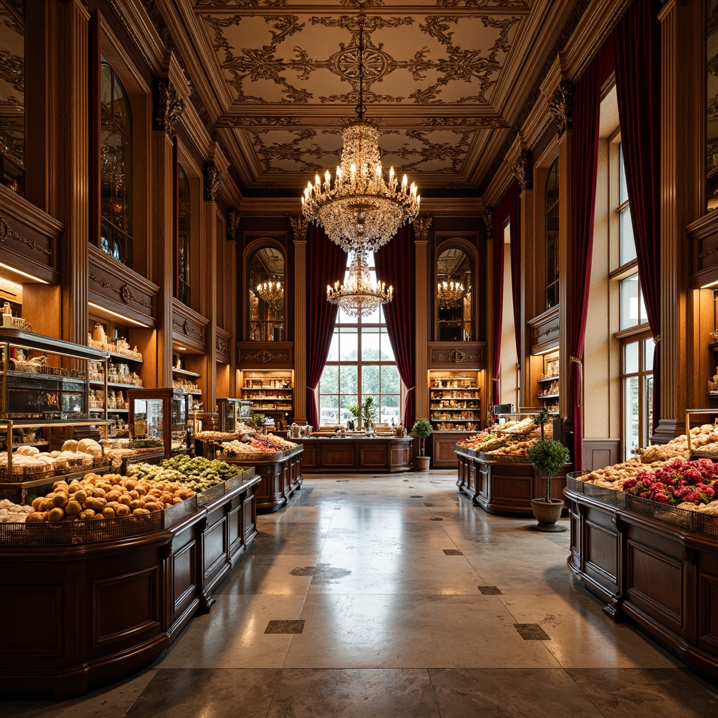 Prompt: Ornate Baroque-style grocery store, rich wood paneling, polished marble floors, intricate carvings, gilded accents, crystal chandeliers, ornamental mirrors, luxurious velvet drapes, vintage bronze fixtures, warm golden lighting, ambient soft shadows, 1/1 composition, intimate close-up views, realistic reflections, detailed textures.