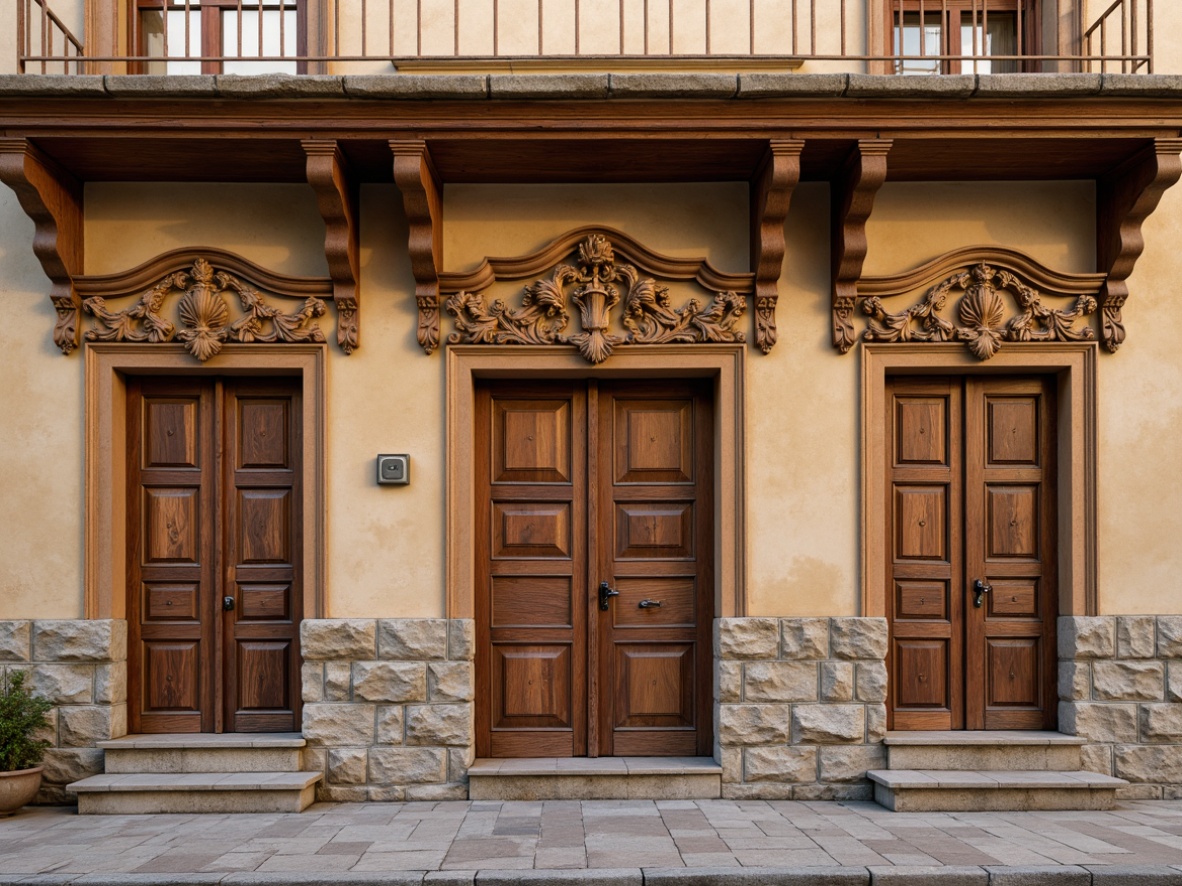 Prompt: Traditional ornate facade, intricately carved wooden panels, warm beige stucco walls, rustic stone veneer, decorative moldings, classic columns, ornamental cornices, soft warm lighting, natural textures, earthy color palette, vintage distressed finishes, subtle weathered effects, realistic brick patterns, ambient occlusion, 1/1 composition, shallow depth of field, nostalgic atmosphere.