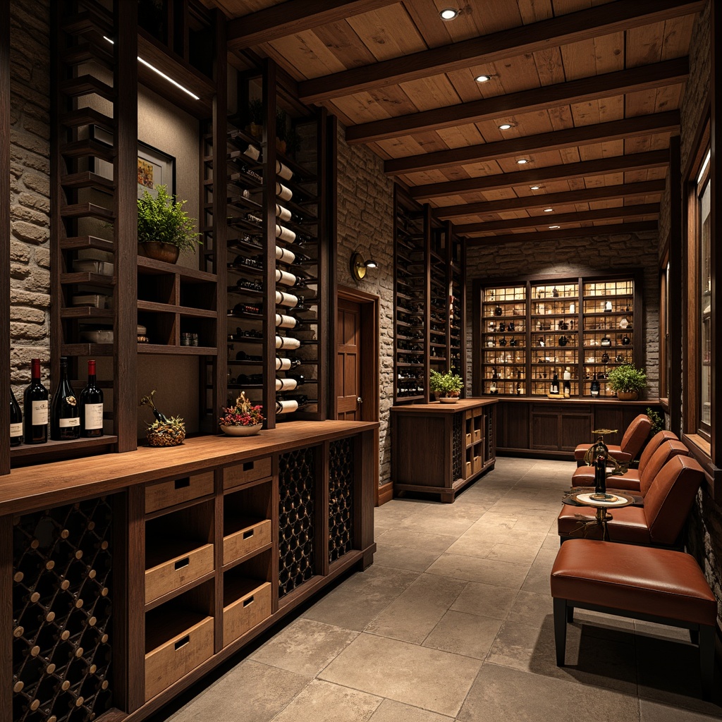 Prompt: Luxurious wine cellar, dark wood shelving, temperature-controlled environment, humidity-regulated conditions, dim warm lighting, stone walls, rustic ambiance, wooden wine crates, elegant glass doors, stainless steel wine racks, climate-controlled storage, precision temperature control, humidity sensors, soft background music, cozy seating area, rich leather upholstery, ornate metalwork, sophisticated color scheme, classic traditional design.