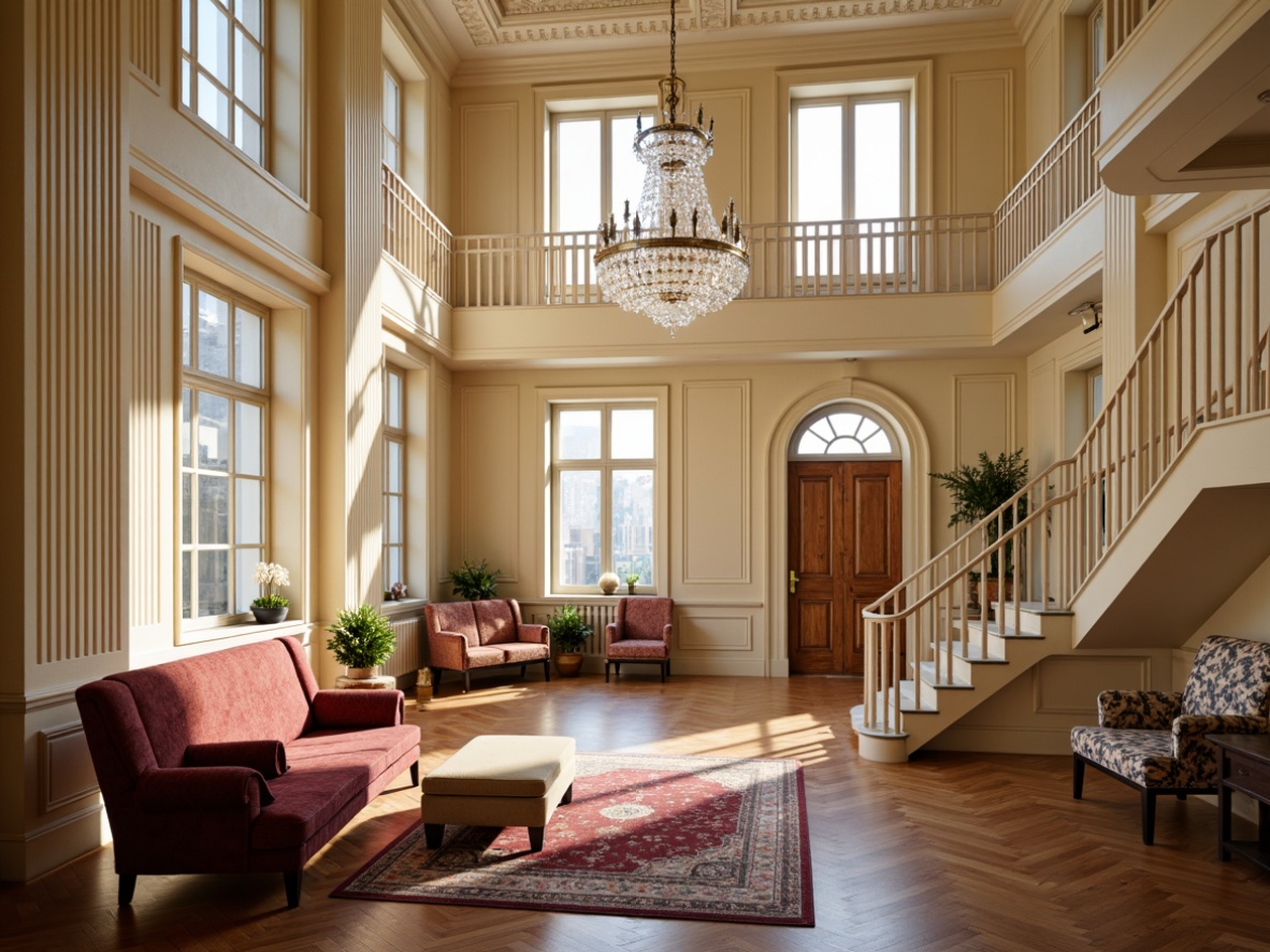 Prompt: Elegant student halls, grand staircase, ornate banisters, polished wooden floors, cream-colored walls, classic columns, carved moldings, crystal chandeliers, luxurious sofas, velvet armchairs, richly patterned rugs, antique furniture pieces, bronze door handles, stately windows, soft warm lighting, 1/1 composition, symmetric framing, realistic textures, ambient occlusion.