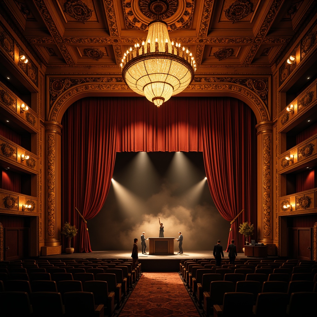 Prompt: Dramatic opera house, grand chandelier, rich velvet curtains, golden ornate details, dimmed spotlights, warm amber glow, subtle shadows, high contrast ratios, bold color temperatures, cinematic mood lighting, fog machines, atmospheric haze, low-key illumination, dramatic silhouettes, single-source lighting, strong backlighting, rim lighting, 1/2 composition, shallow depth of field, soft focus, realistic textures, ambient occlusion.