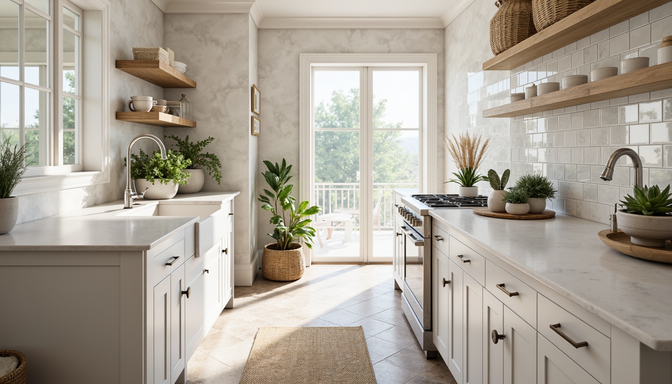 Prompt: Soft whites, creamy ivories, pale blues, warm beiges, rich woods, metallic silvers, elegant chrome fixtures, modern farmhouse sink, sleek quartz countertops, patterned ceramic tiles, woven baskets, natural textiles, cozy area rug, calming ambient lighting, 1/1 composition, shallow depth of field, realistic reflections.