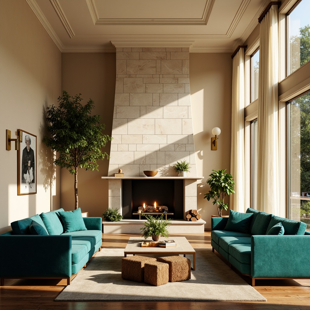 Prompt: Elegant living room, warm beige walls, rich walnut wood floors, plush velvet sofas, vibrant turquoise accents, golden metal fixtures, soft creamy white curtains, natural stone fireplace, cozy reading nook, floor-to-ceiling windows, abundant sunlight, warm ambient lighting, 1/1 composition, realistic textures, subtle depth of field.