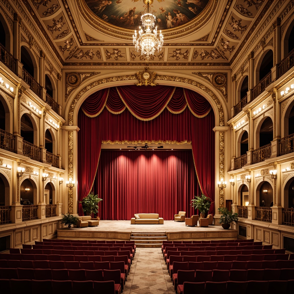 Prompt: Grand opera house, ornate gold detailing, rich velvet curtains, intricate plaster moldings, crystal chandeliers, marble floors, grand staircase, sweeping archways, frescoed ceiling, ornate wooden paneling, gilded mirrors, red plush seating, luxurious fabrics, dramatic lighting, high contrast ratio, 1/1 composition, symmetrical framing, warm color palette, realistic textures, ambient occlusion.