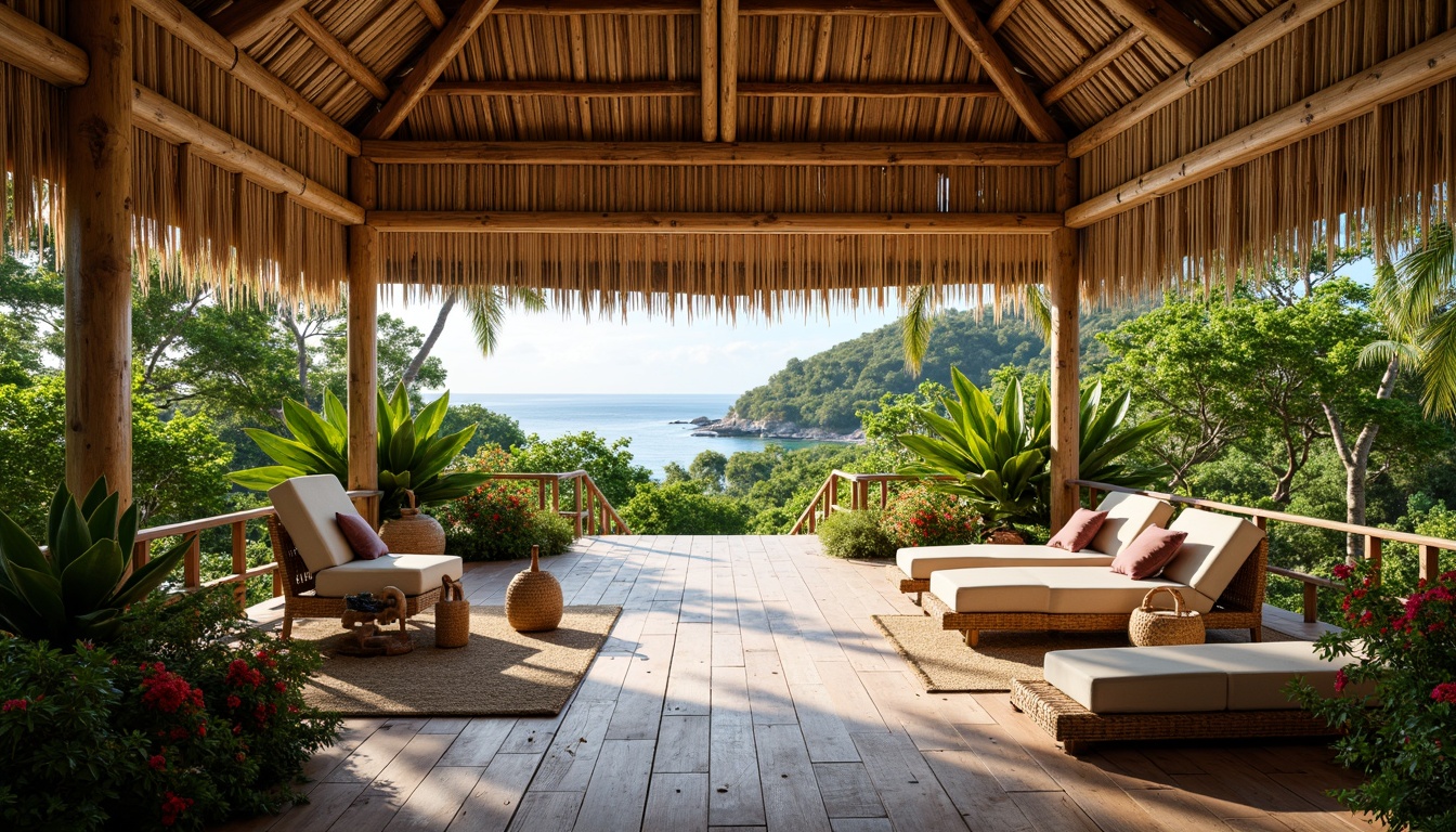 Prompt: Tropical island villa, natural materials, woven bamboo walls, thatched roof, reclaimed wood floors, rattan furniture, lush greenery, exotic plants, colorful flowers, ocean views, sunny day, warm soft lighting, shallow depth of field, 3/4 composition, panoramic view, realistic textures, ambient occlusion, earthy tone color palette, organic shapes, natural stone pathways, wooden accents, woven textiles, intricate carvings.