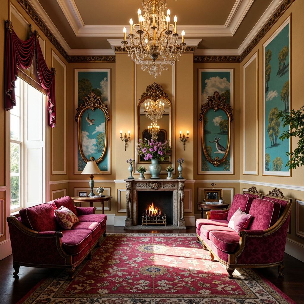 Prompt: Richly ornamented furniture, luxurious velvet fabrics, ornate mirrors, golden accents, soft warm lighting, warm beige walls, creamy white trim, elegant crystal chandeliers, vibrant turquoise, rich crimson red, regal purple, whimsical murals, playful patterned rugs, stately wooden floors, opulent drapery, lavish textures, 3/4 composition, shallow depth of field, realistic renderings.