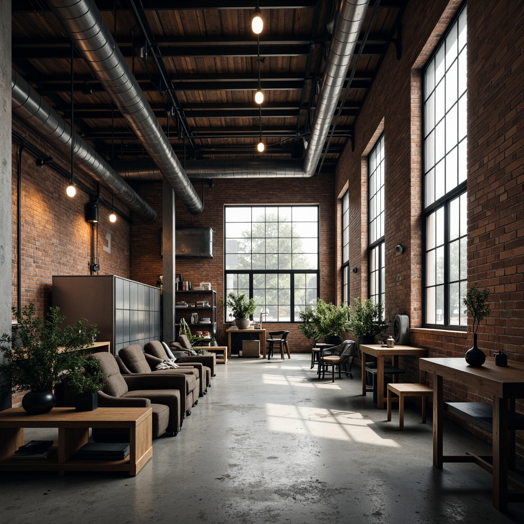 Prompt: Industrial factory setting, exposed brick walls, concrete floors, steel beams, metal pipes, reclaimed wood accents, minimal ornamentation, monochromatic color scheme, functional lighting fixtures, industrial-style furniture, raw materials, urban aesthetic, modern machinery, manufacturing equipment, open space layout, natural light pouring in, high ceilings, brutalist architecture, moody atmosphere, softbox lighting, shallow depth of field, 2/3 composition.