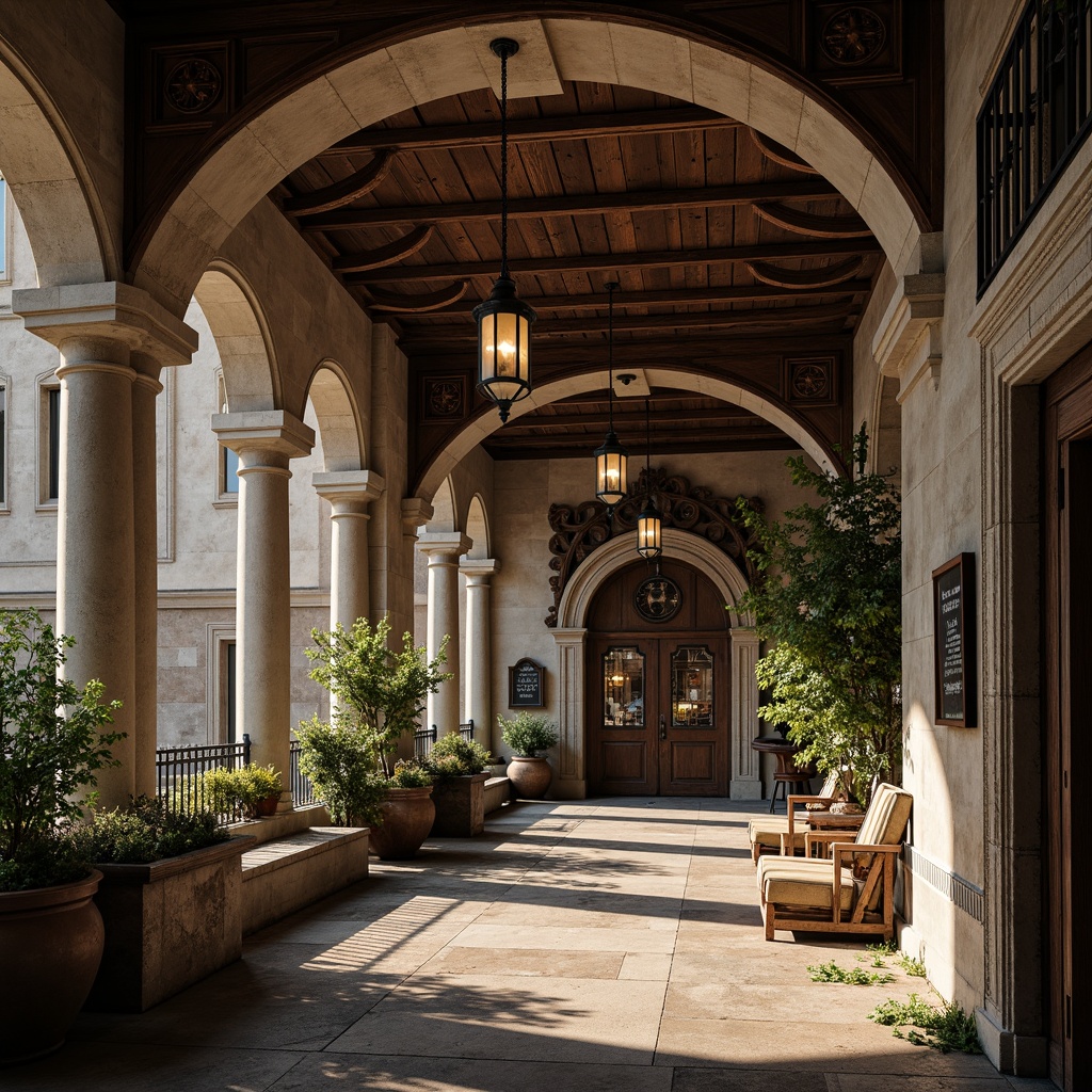 Prompt: Grand stone archways, ribbed vaulted ceilings, ornate carvings, rich wooden accents, medieval-inspired furniture, mystical lanterns, intricate stonework patterns, rustic earthenware pots, lush greenery, warm candlelight, dramatic shadows, shallow depth of field, 3/4 composition, realistic textures, ambient occlusion.