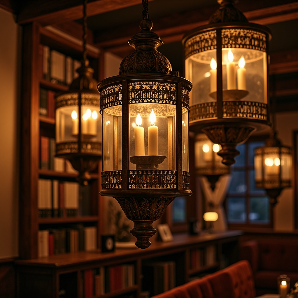 Prompt: Warm chandeliers, ornate metalwork, soft warm glow, candle-inspired designs, vintage filigree patterns, distressed finishes, rustic wooden accents, classic lantern shapes, subtle crystal embellishments, elegant sconces, refined Victorian-era details, rich bronze tones, luxurious fabrics, ambient indirect lighting, cozy reading nooks, intimate atmospheric settings, 1/1 composition, shallow depth of field, warm color temperature.