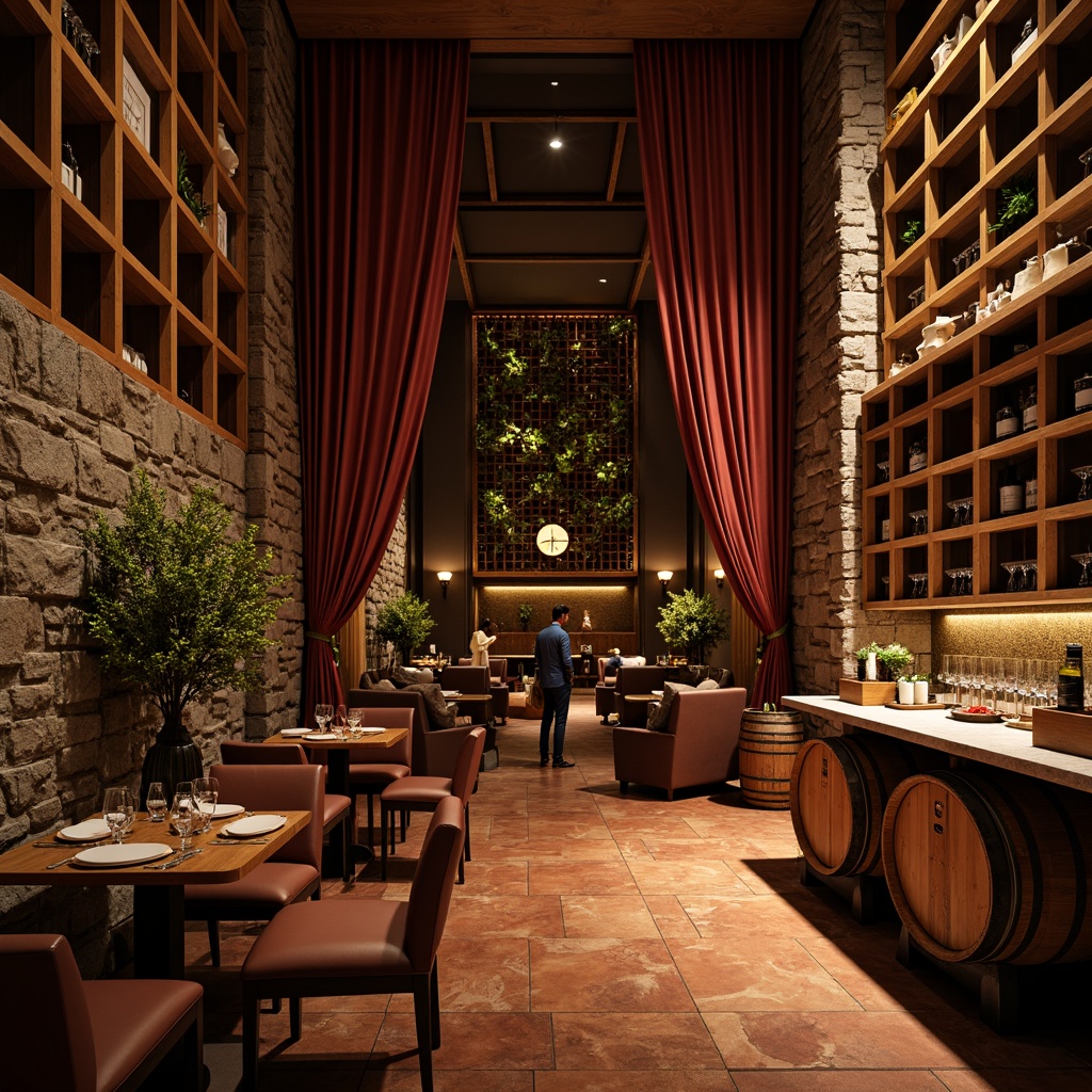 Prompt: Rich wooden wine racks, earthy terracotta flooring, dimly lit ambiance, warm golden lighting, luxurious velvet drapes, rustic stone walls, elegant metal accents, refined glassware, vintage wine barrels, sophisticated color scheme, burgundy reds, rich mahoganies, creamy whites, soft grays, muted greens, warm beige tones, subtle texture overlays, atmospheric misting effects, cinematic composition, dramatic shadows, realistic reflections.